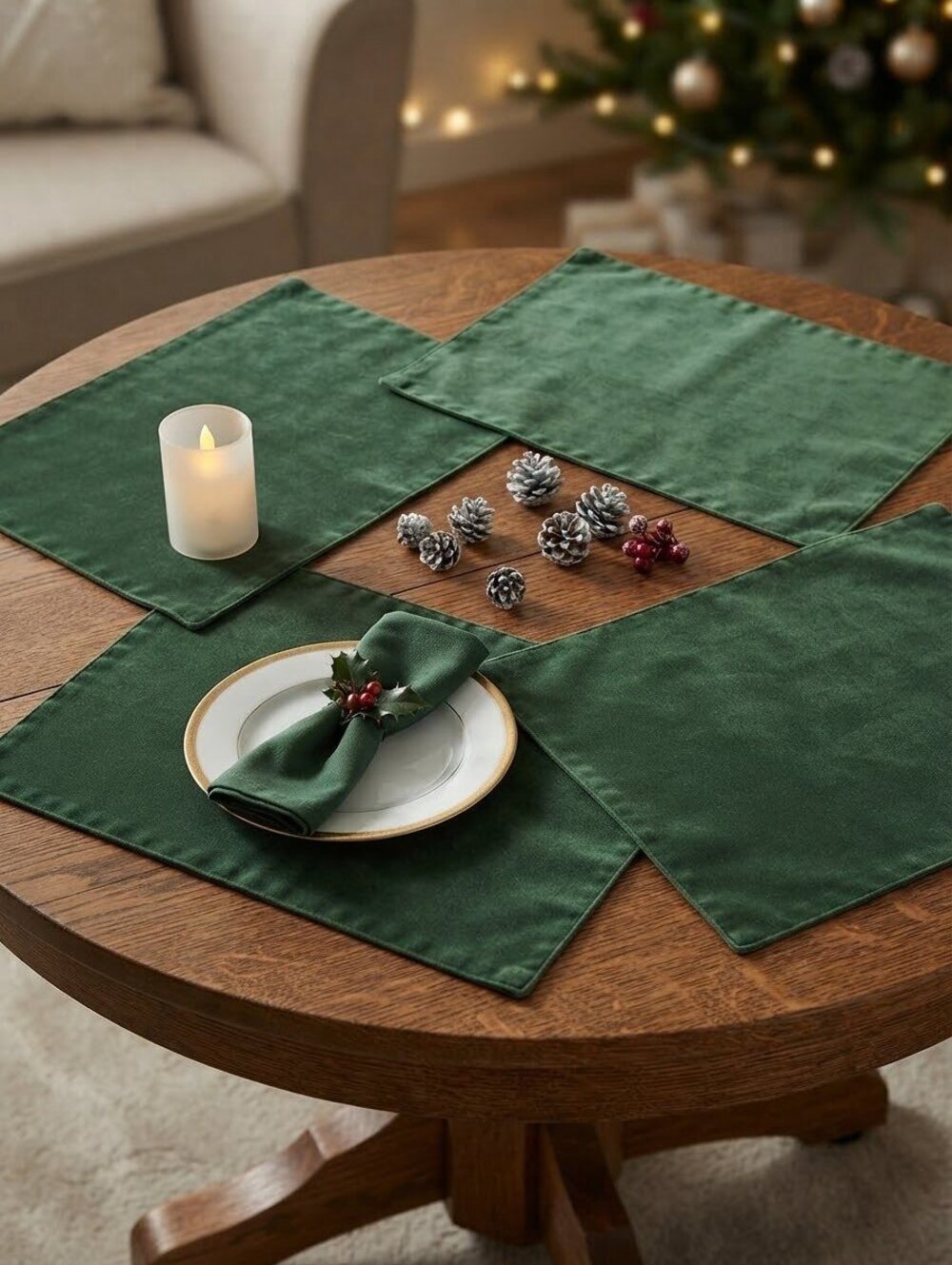 Set of 4 Dark Green velvet Placemat Set